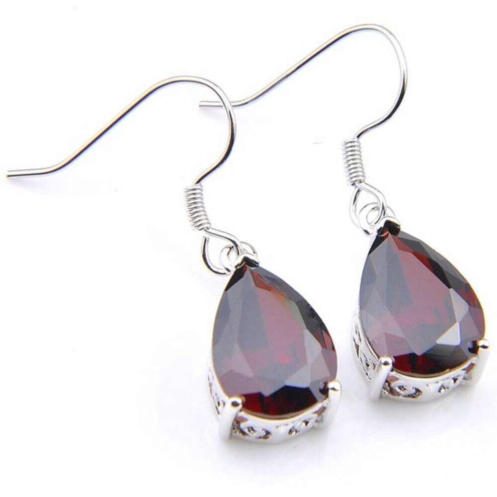 Red Garnet Teardrop Earrings 925 Sterling Silver Plated